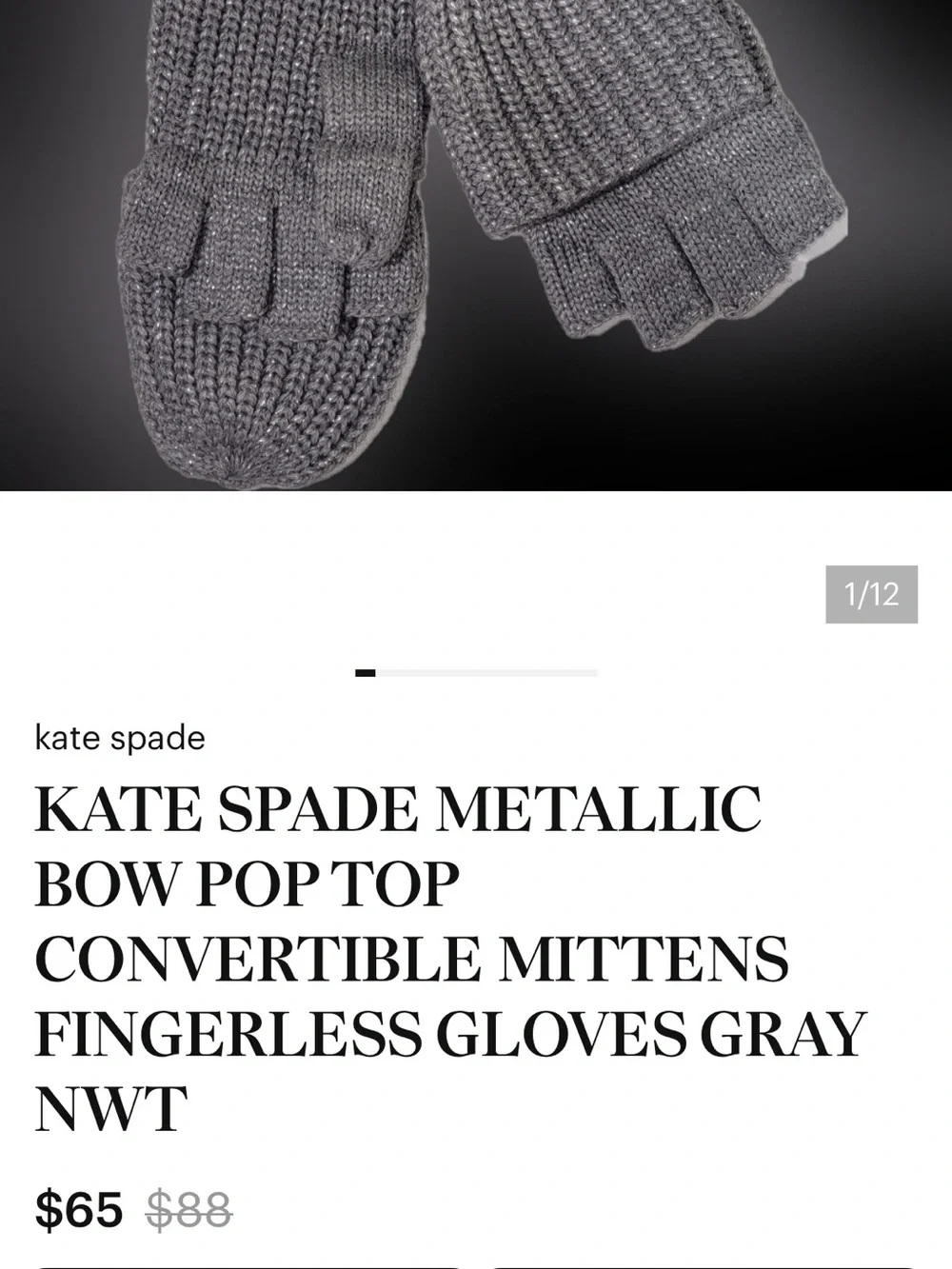 kate spade  Gray metallic Convertible Fingerless Bow Mittens